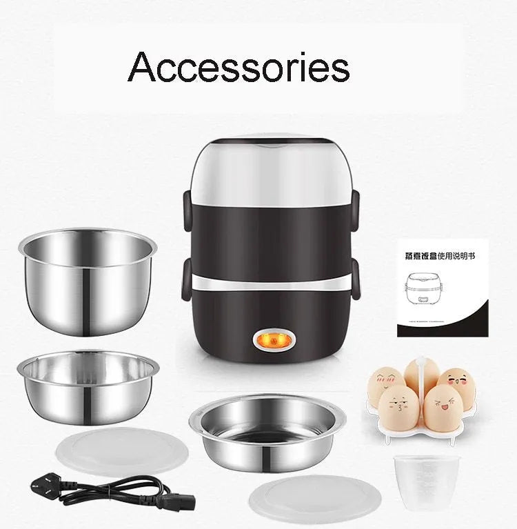 A compact cubic USB-powered lunch box showing two-layer and three-layer capacity options for portable food heating.