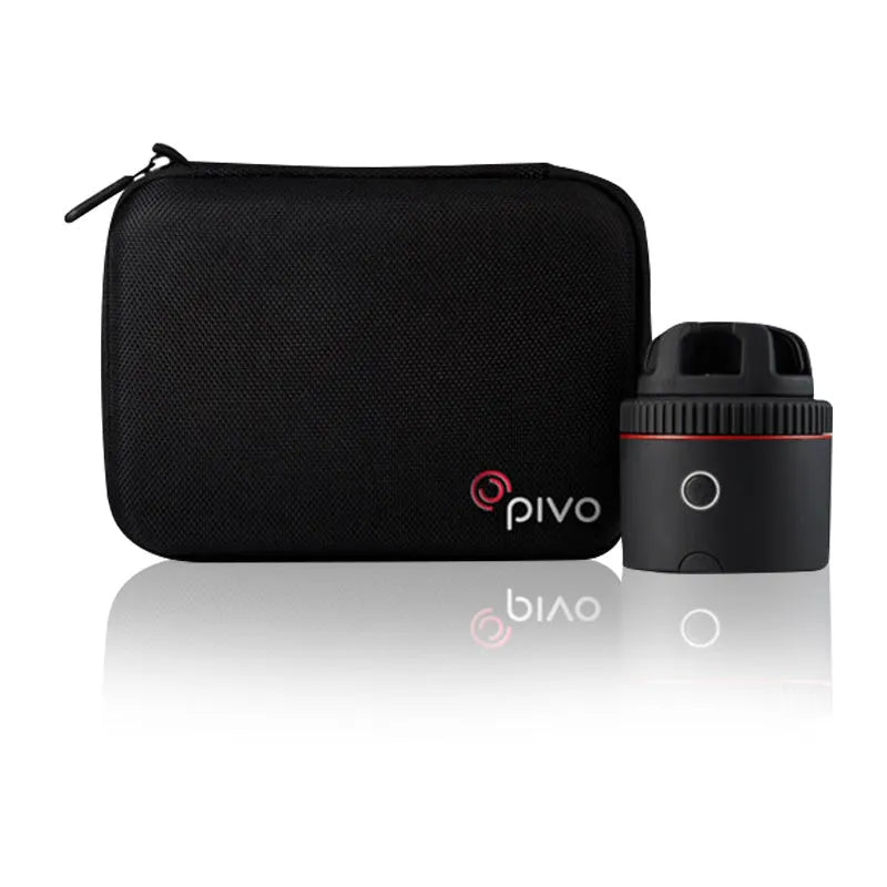 Matte black PIVO facial tracking camera mounted with a smartphone, showing its 360-degree rotating base.