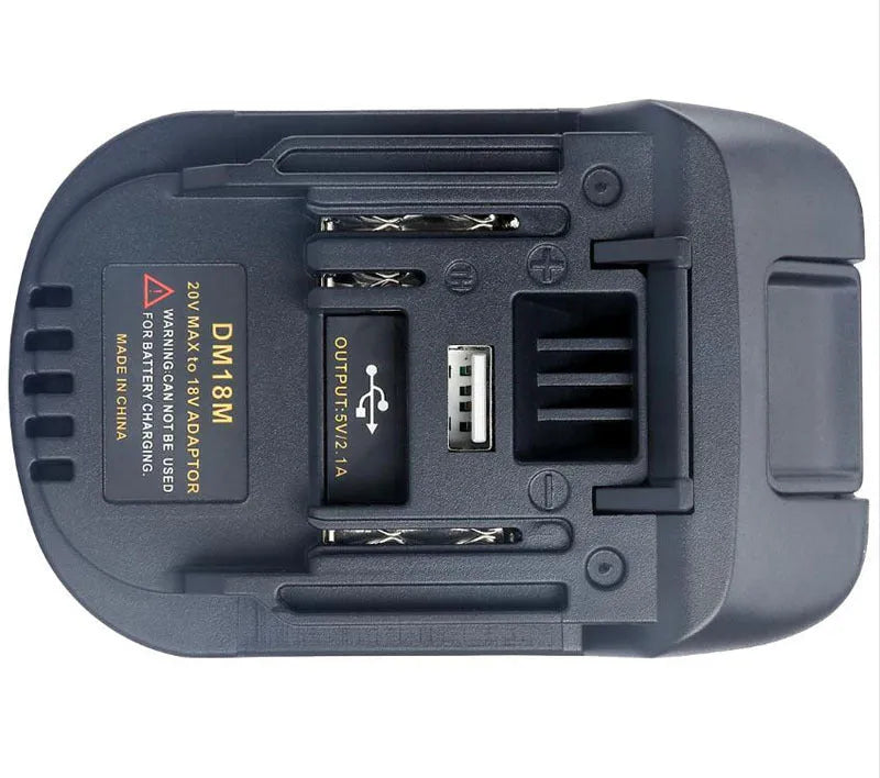 Black battery adapter converting Milwaukee DM18M to Makita H99F tools, 125x90x65mm