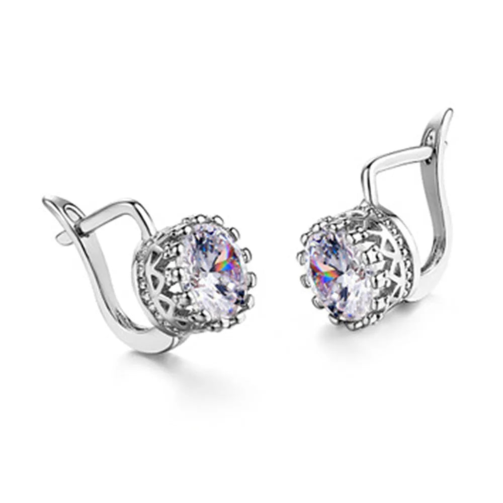 Korean retro crown ear clip earrings in rose gold or white gold colour with diamond detail