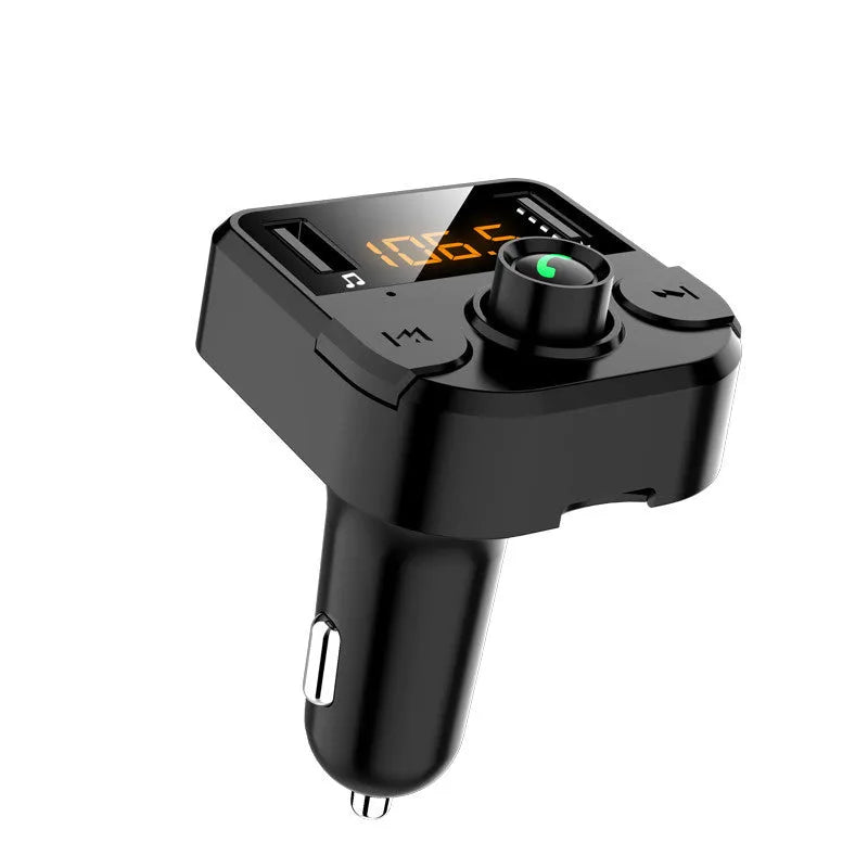 Black car Bluetooth FM transmitter plugged into vehicle cigarette lighter socket