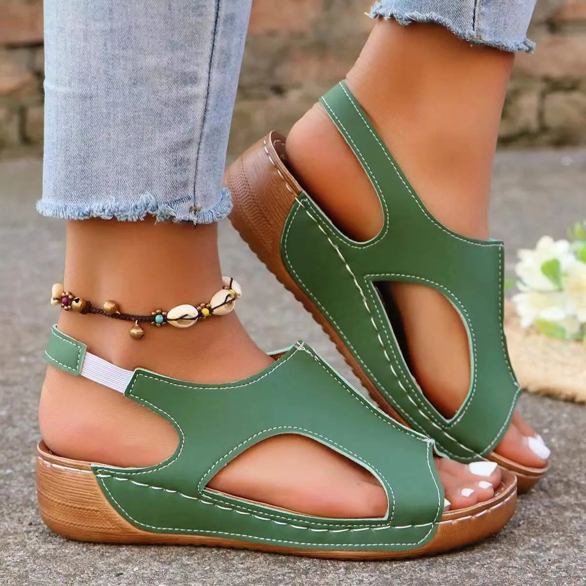 New summer wedges sandals for women with elastic band, fish mouth toe, recycled leather upper, polyurethane sole