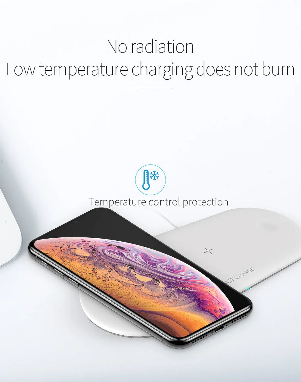 White 3-in-1 desktop wireless charger for Apple iPhone, watch and headphones on a wooden desk