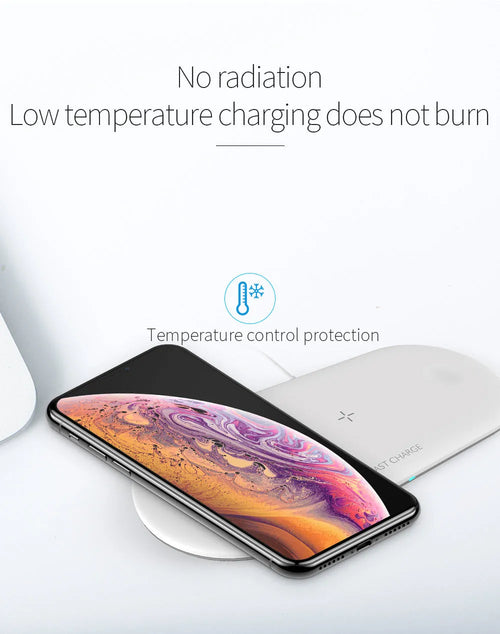 White 3-in-1 desktop wireless charger for Apple iPhone, watch and headphones on a wooden desk