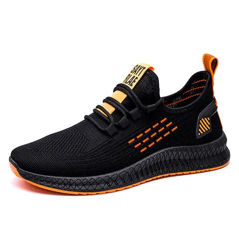 Men's low-top black casual sports shoes with cross strap detail and Flying Weave upper on a wear-resistant sole.