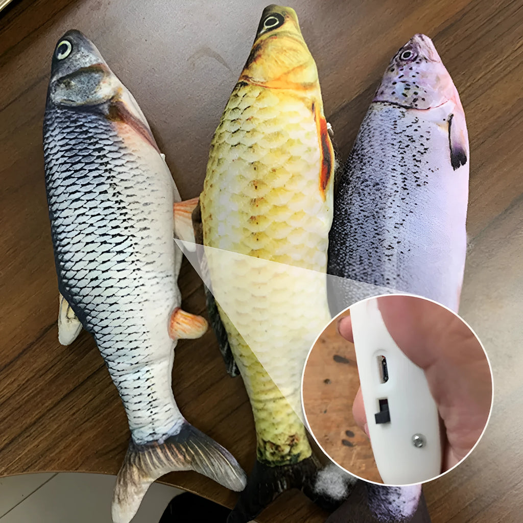 Multicolour USB rechargeable electronic jumping fish cat toy on a floor