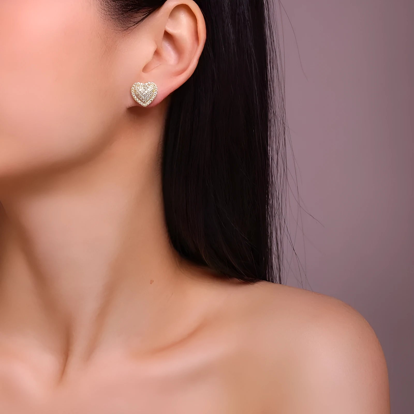 Golden heart-shaped moissanite stud earrings on S925 silver with gold plating