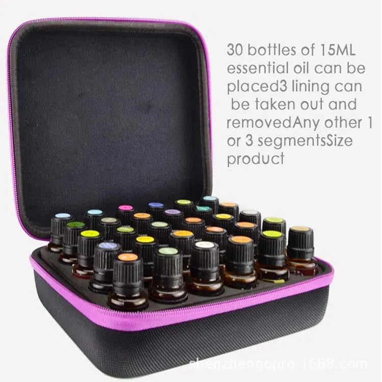 Red EVA essential oil storage bag with 30 compartments for 15ml bottles, shown wall-mounted.