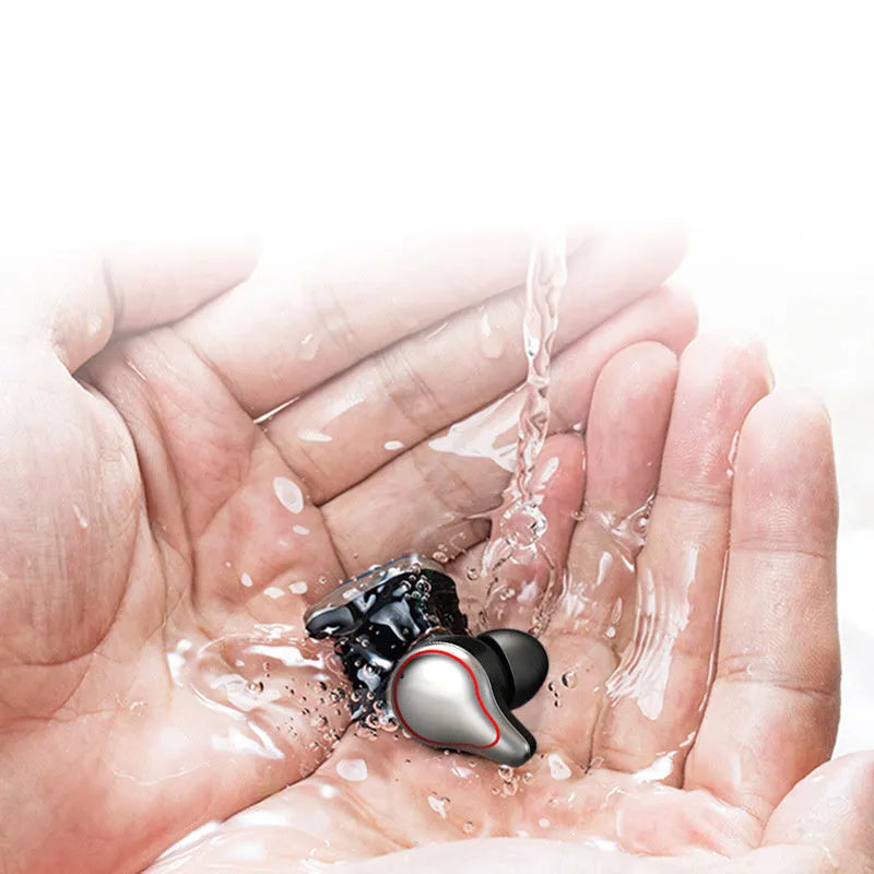 Black and blue in-ear Bluetooth headset with over-ear hooks for secure fit
