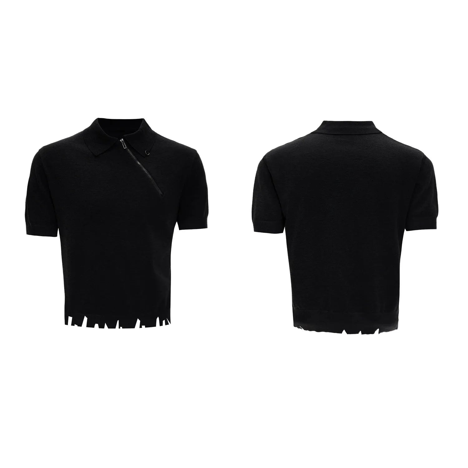 Men's ice-feeling slim-fit knitted polo shirt with oblique zipper closure in solid colour