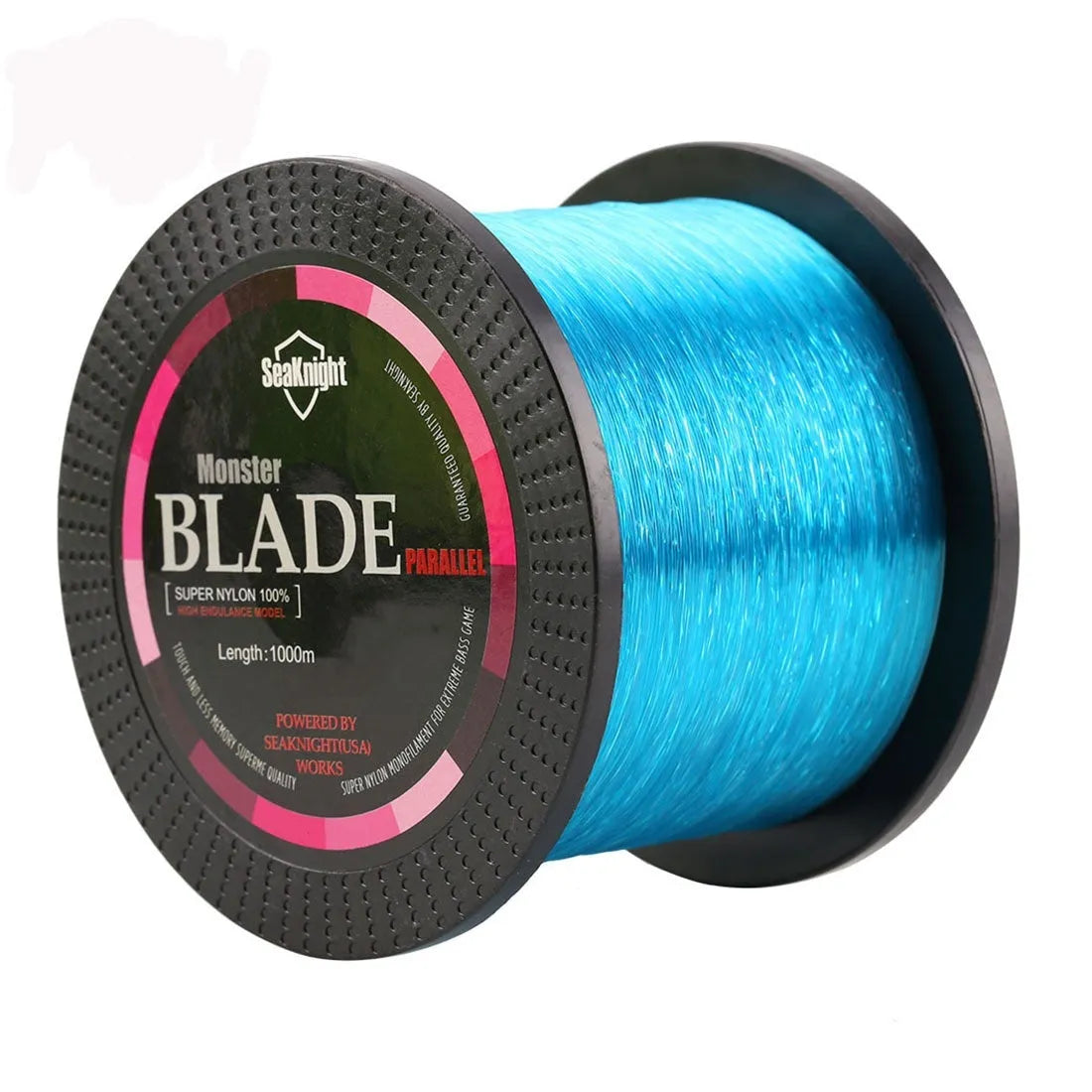 Roll of Seaknight 1000 M nylon monofilament fishing line showing colour and diameter size options.
