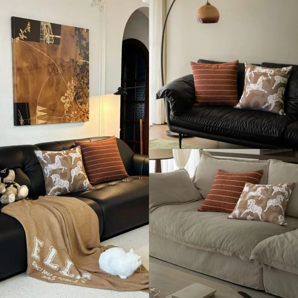 Chinese ancient style square sofa cushion with geometric pattern in brown Maillard colours, 45cm.