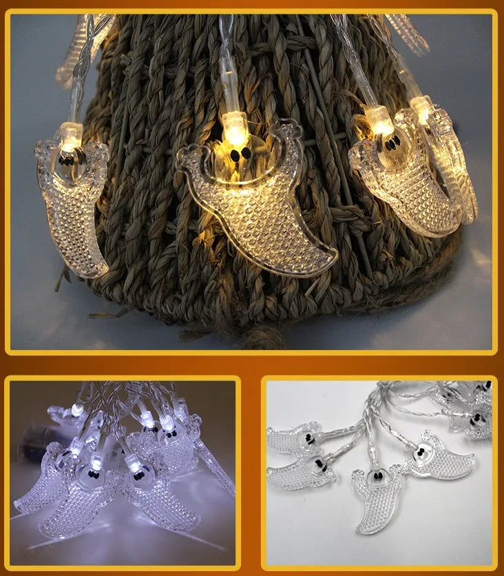 Halloween LED string lights with pumpkin, bat, and ghost decorations on a 1.2 metre battery-powered garland