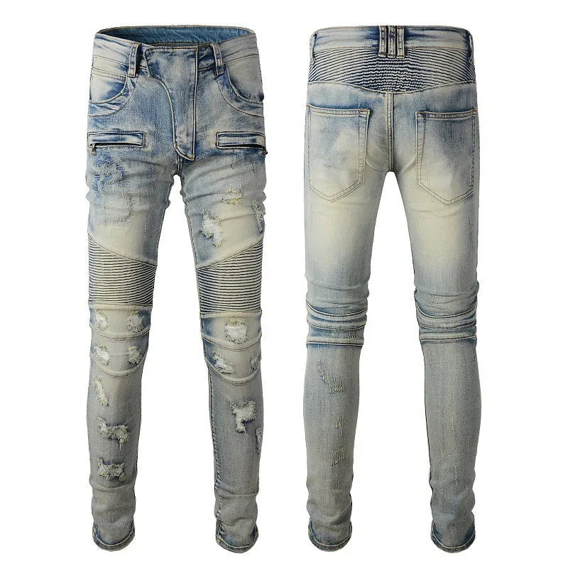 Light blue men's slim fit distressed jeans with hand-frayed detailing on a mid waist.