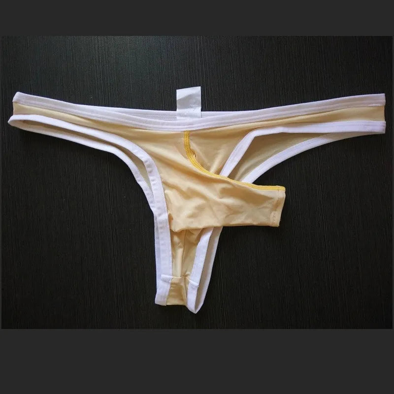 Men's Ice Silk nylon briefs in elephant nose small pouch design, shown in multiple colours.