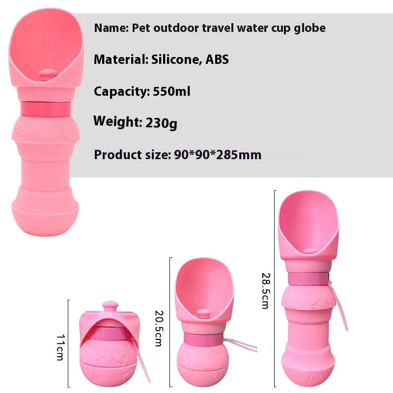 Silicone folding pet water cup shown both expanded as bowl and collapsed flat, 550ml capacity