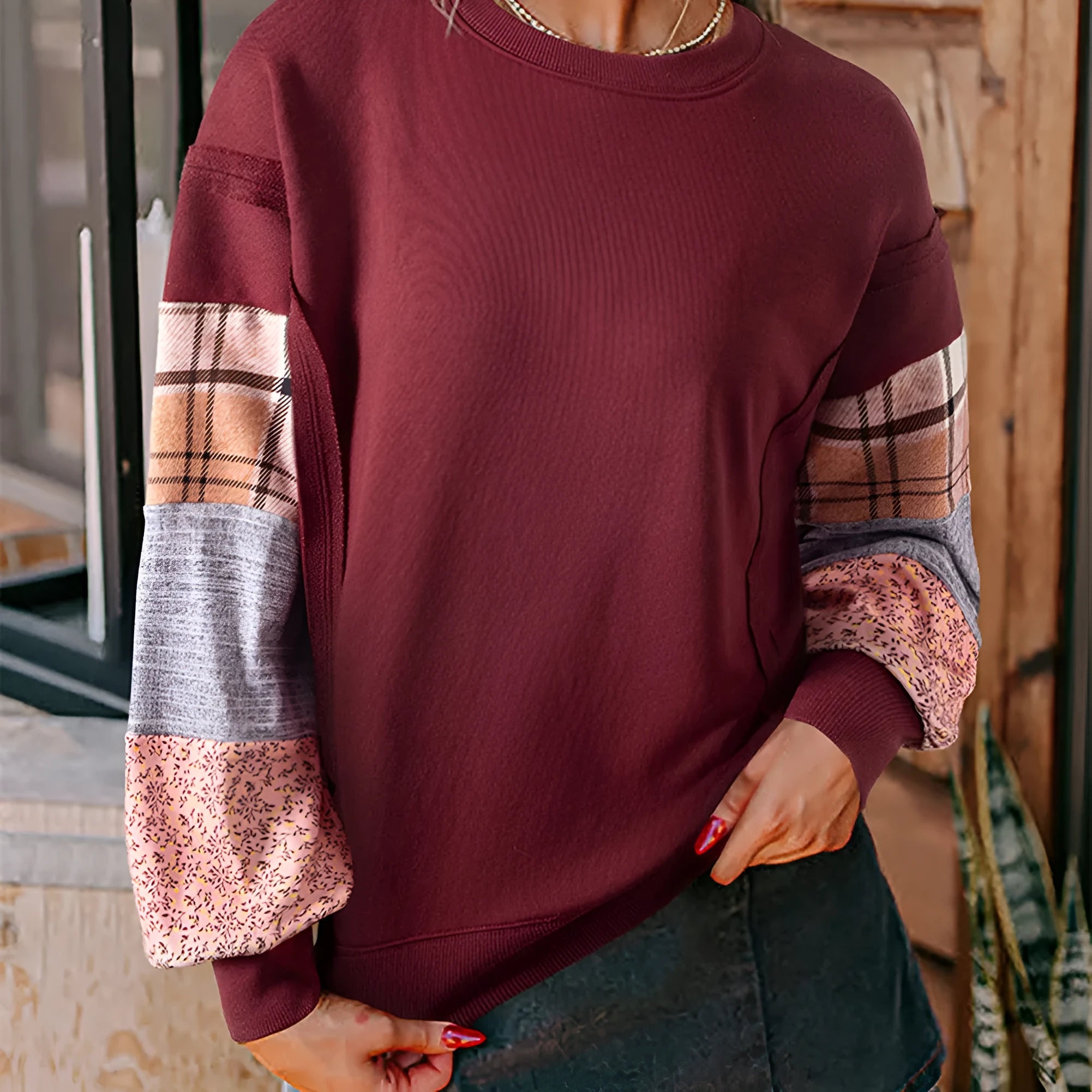 Women's plaid stitching long-sleeved loose top in apricot colour
