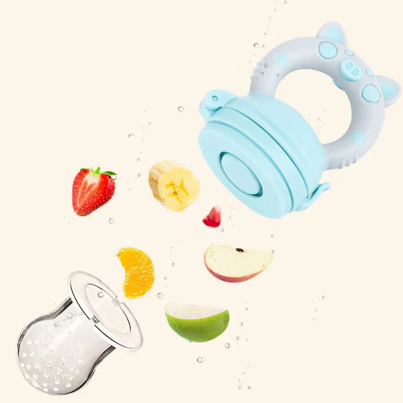 Silicone baby teether chew toy in blue, green, and pink colour options