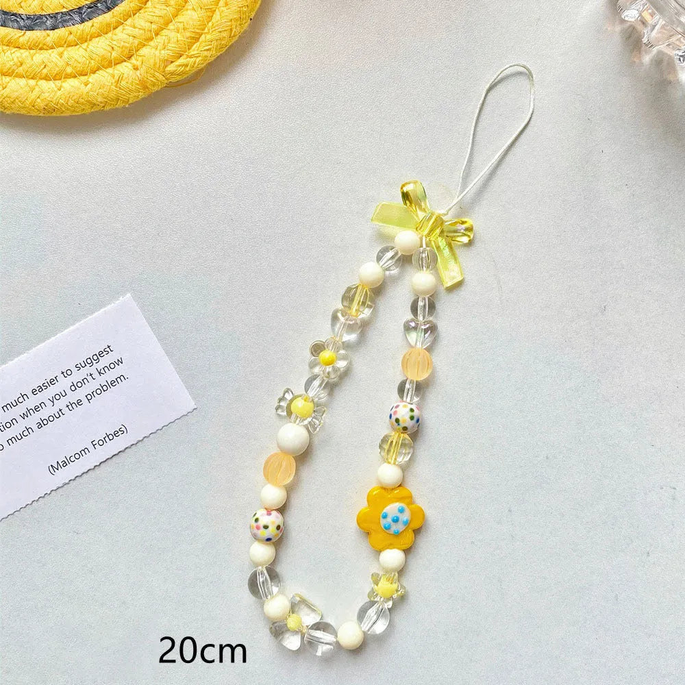Colourful beaded flower mobile phone lanyard with plastic and resin construction