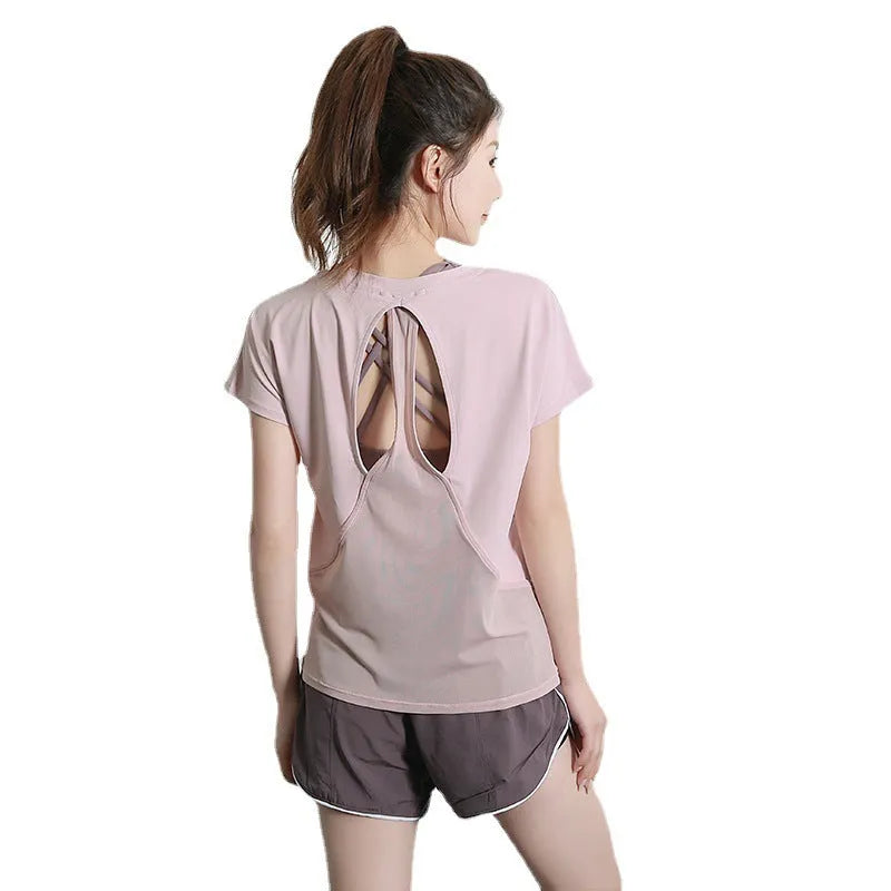 Women's lightweight polyester short sleeve sports T-shirt for fitness in grey green.