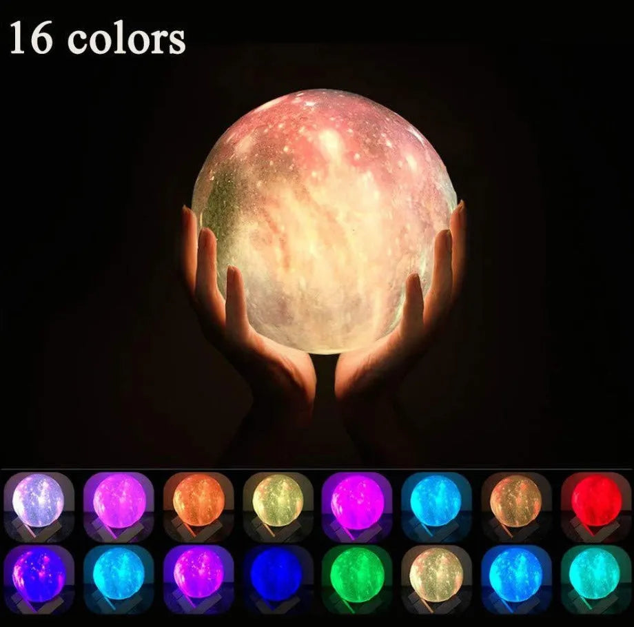 3D-printed spherical lunar night light with remote control on wooden table