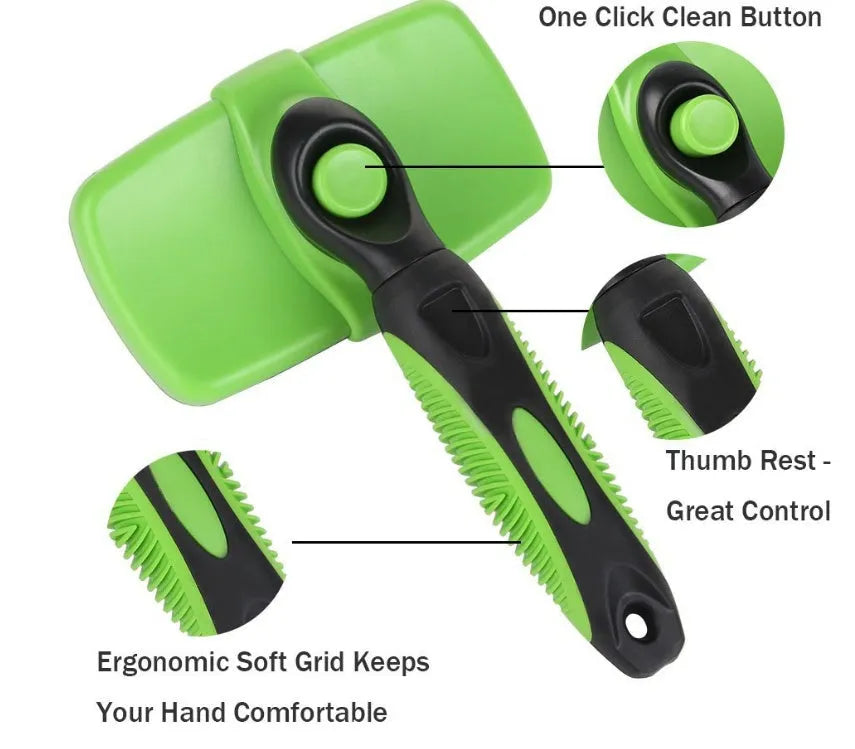 Pet self-cleaning slicker brush with stainless steel needles, green handle, on white background