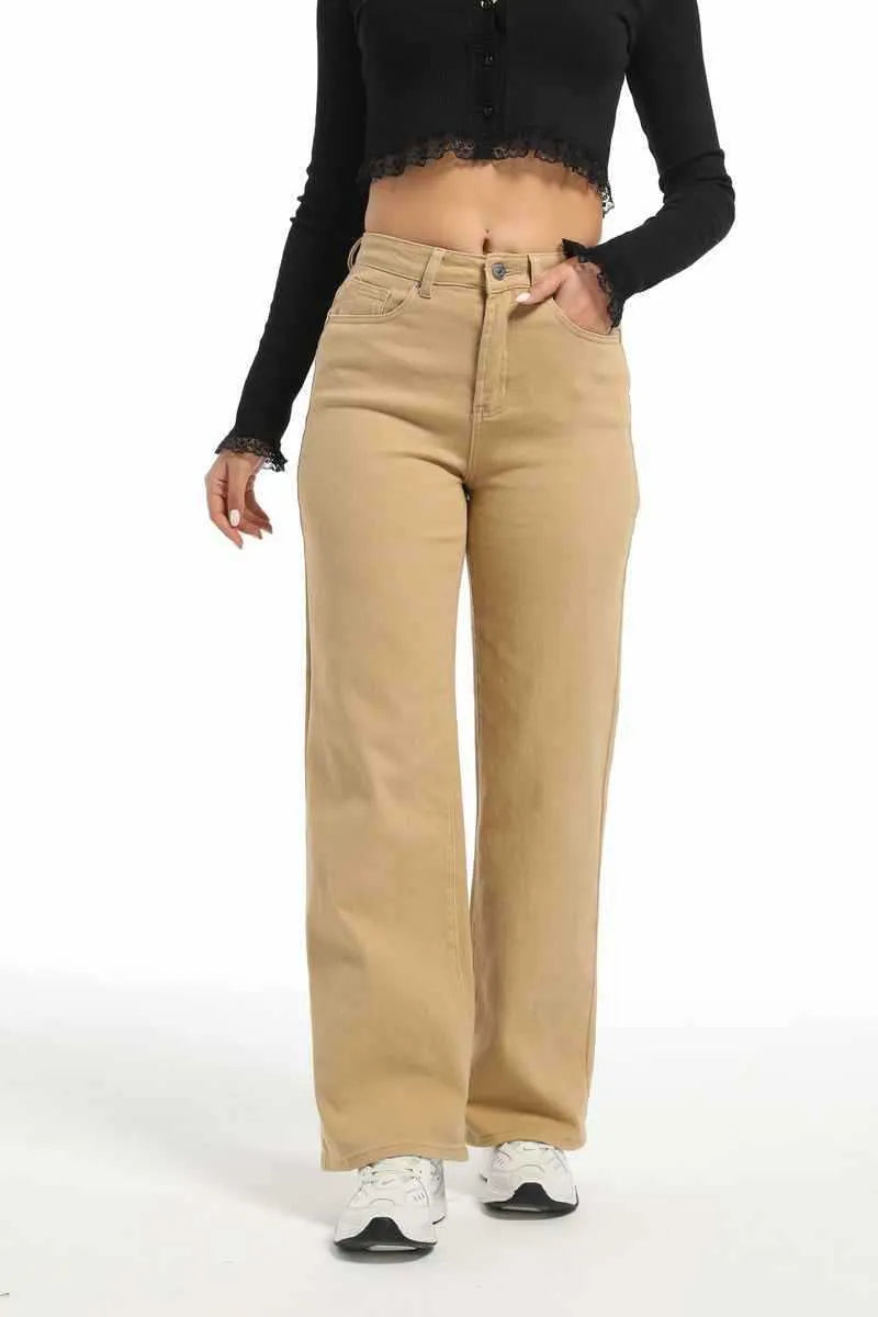 Women's apricot high-waist wide-leg straight jeans on a hanger