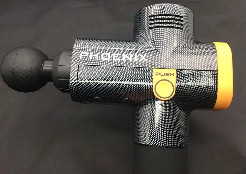 Black and silver deep tissue massage gun with four interchangeable heads on a grey background