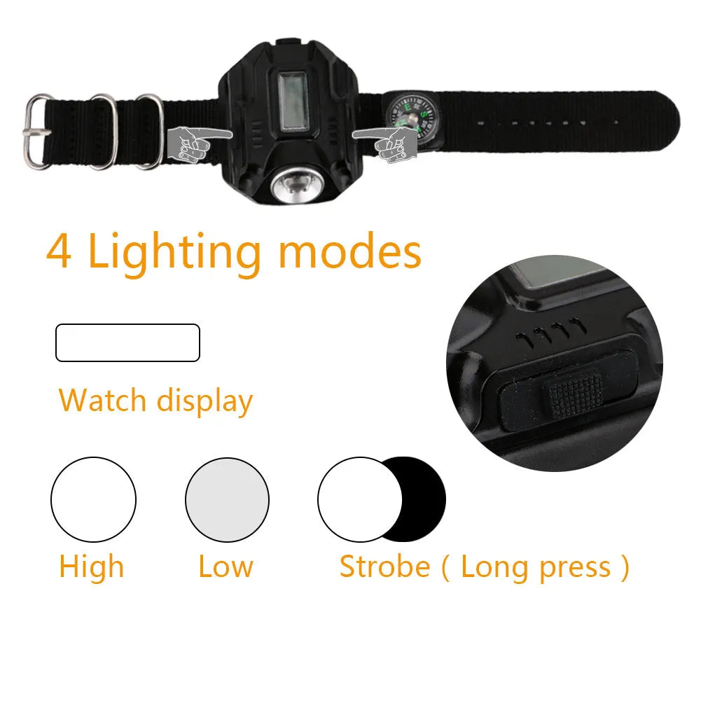 Black LED watch flashlight on wristband with compass and time display