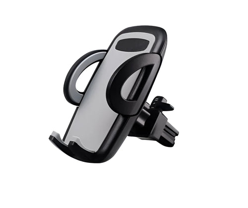 Black plastic car mobile phone holder mounted on vehicle air conditioning outlet