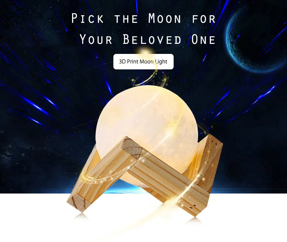 3D printed spherical moon lamp with textured surface on a wooden stand, showing white LED light.