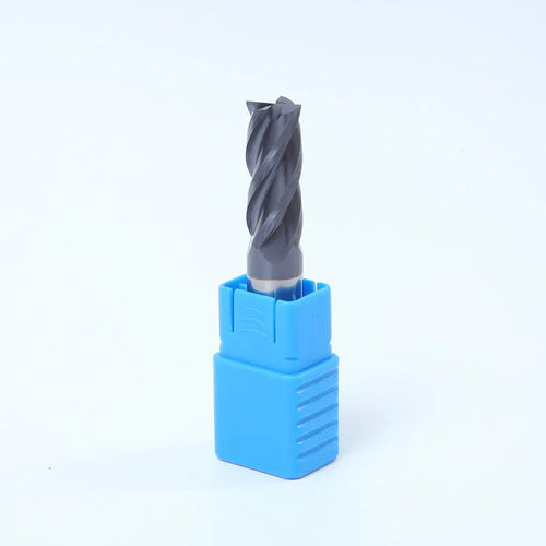 Carbide spiral flute milling cutter with straight shank on a grey background.