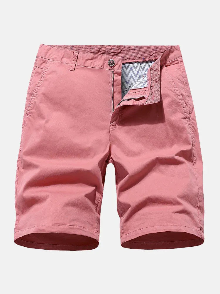 Men's blue denim loose-fit casual shorts with a straight leg and no belt, laid flat.