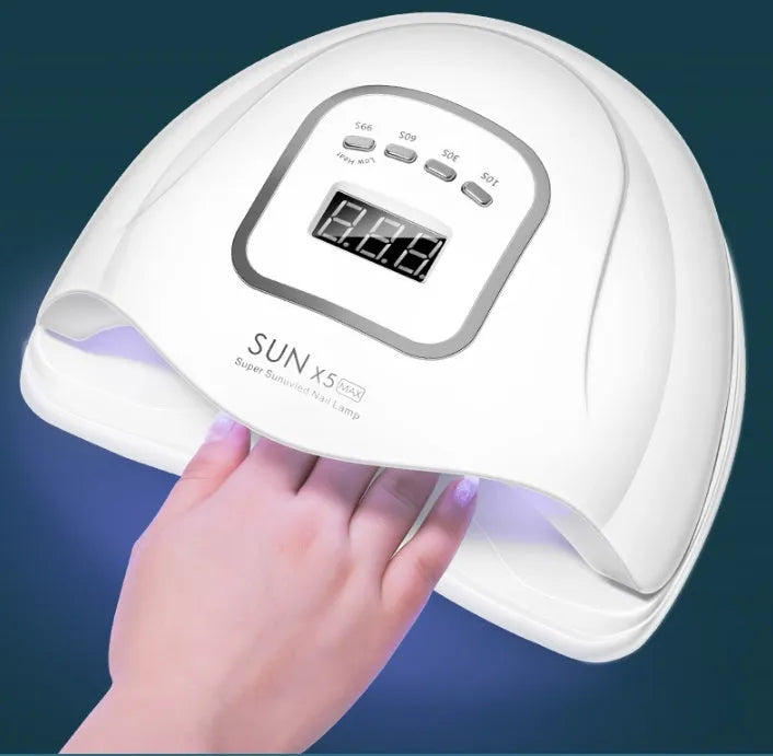 White portable gel nail lamp with 45 LED beads showing timer controls and dual UV/LED light source