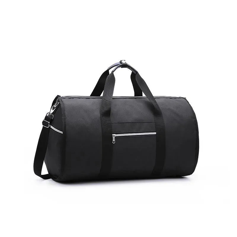 Medium sized cylindrical duffle travel bag in black, shown with zipper open, made from Oxford cloth.