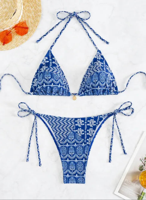 Women's split bikini swimsuit with bandage style and contrast stitching in polyester fabric