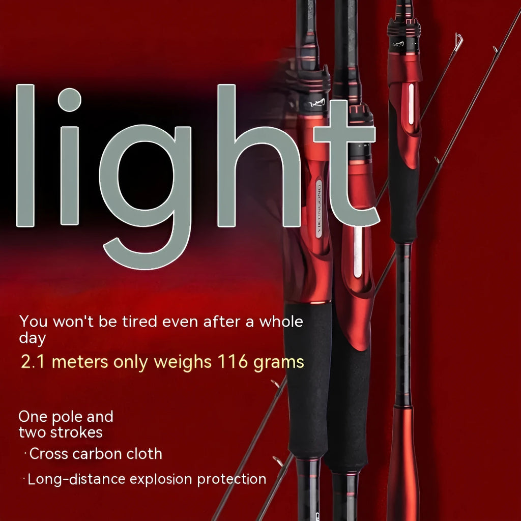 Carbon fishing rod with choice of pikestaff or straight handle in ultralight cross carbon cloth construction.