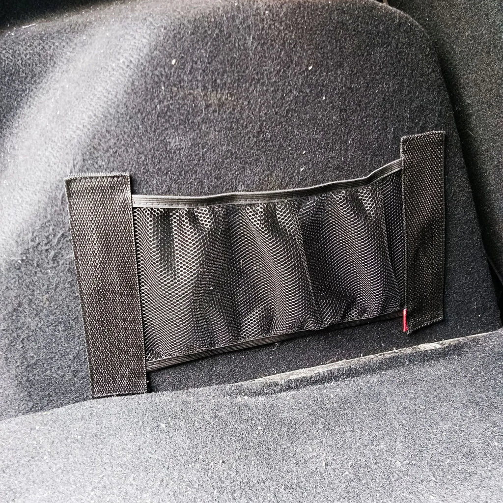 Black elastic polyester storage net for securing items in a car boot, shown in 20x35cm and 20x45cm sizes.