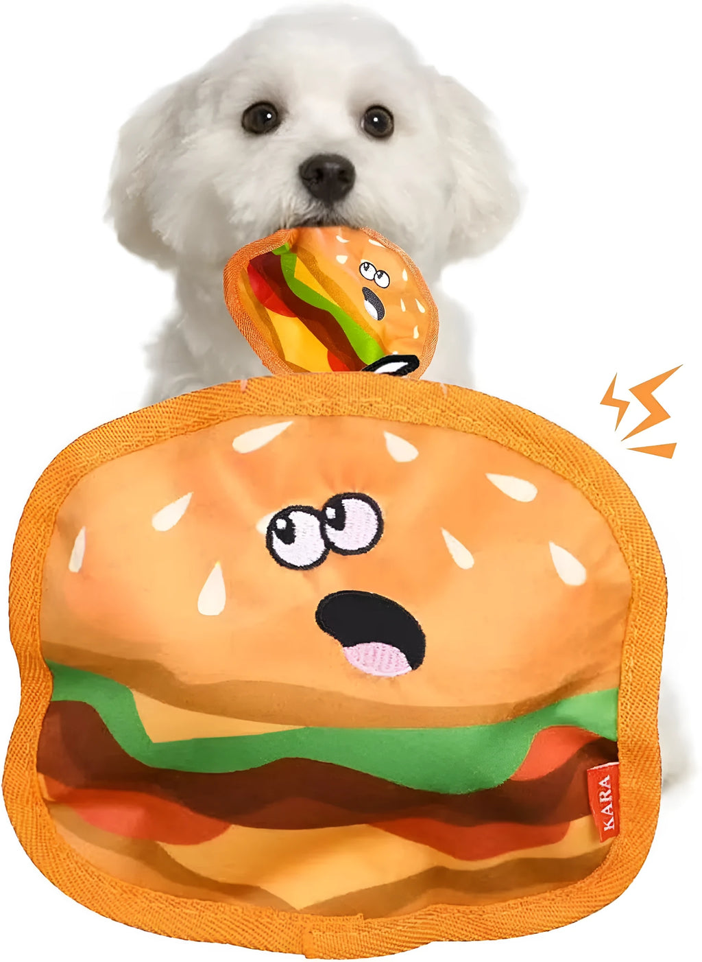 Hamburger-shaped dog toy with bright colours featuring crinkle and squeak sounds for interactive play