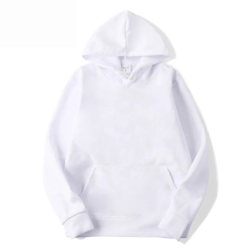 White cotton blend hooded pullover sweatshirt with long sleeves on hanger