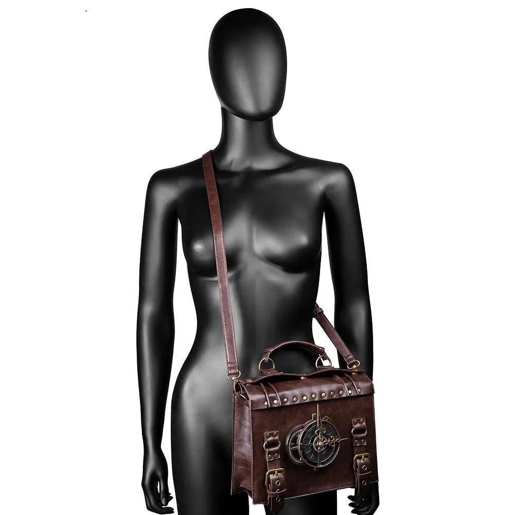 Bronze steampunk industrial retro shoulder bag with metal hardware and square pillow design