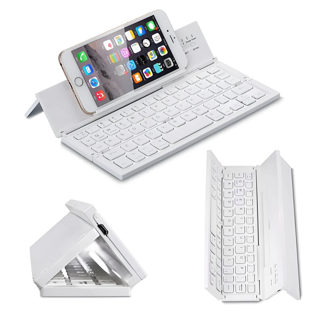 Black foldable Bluetooth keyboard shown alongside tablet demonstrating portable design