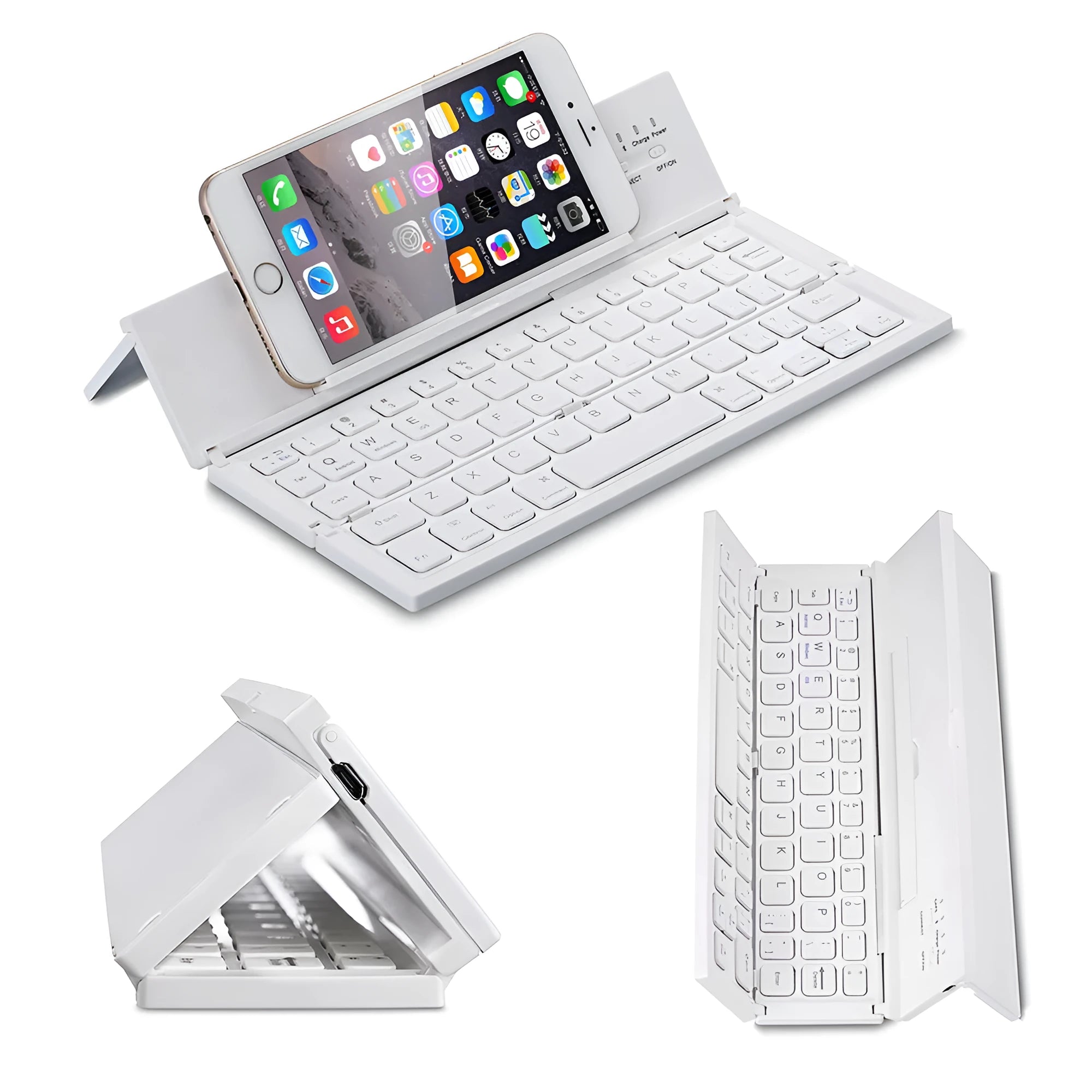 Black foldable Bluetooth keyboard shown alongside tablet demonstrating portable design