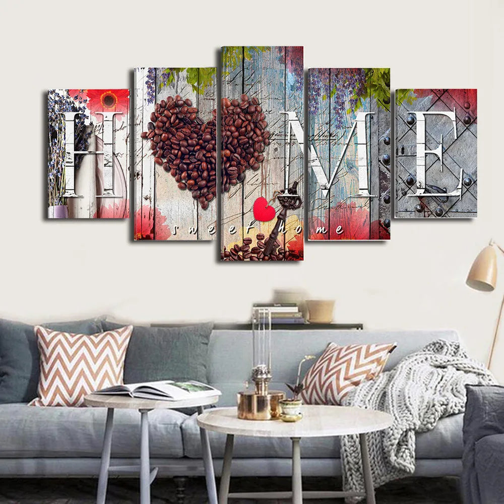 Set of five unframed red abstract canvas panels arranged as wall art display