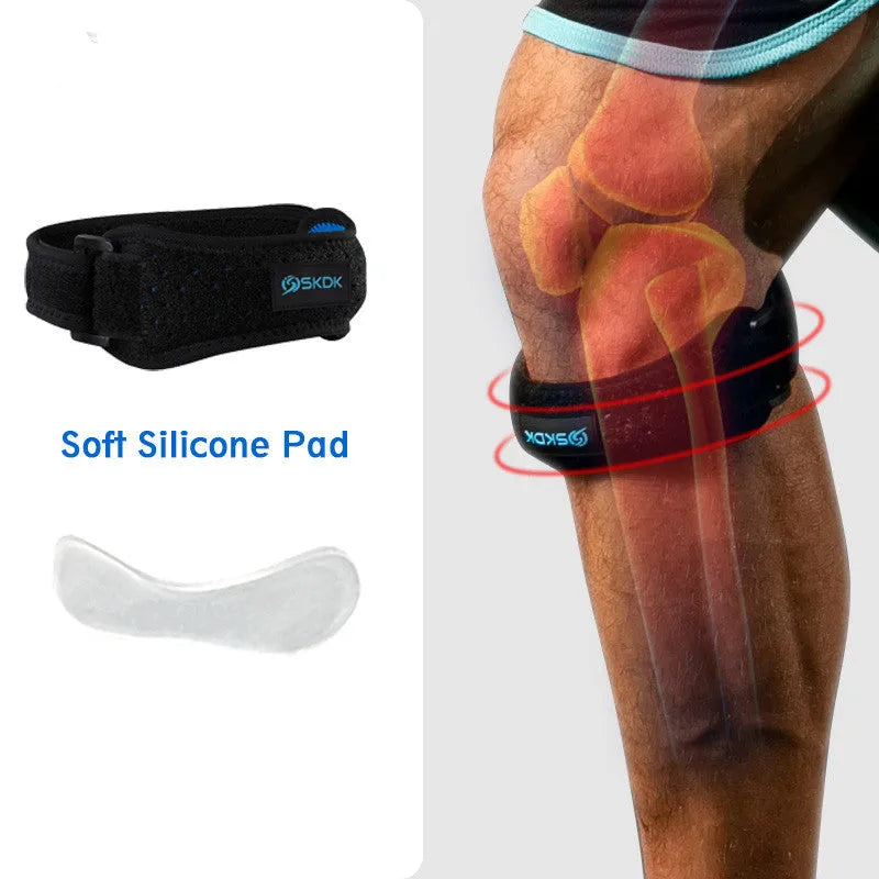 Black sport kneecap with silicone gasket and double-pressure strap for running and hiking support