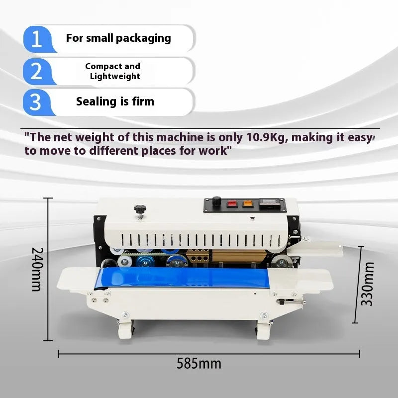Mini handheld plastic bag sealing machine with integrated date printer on a kitchen counter.
