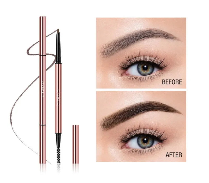 Triangular eyebrow pencil in plastic case with six shade options including blonde, taupe and dark brown