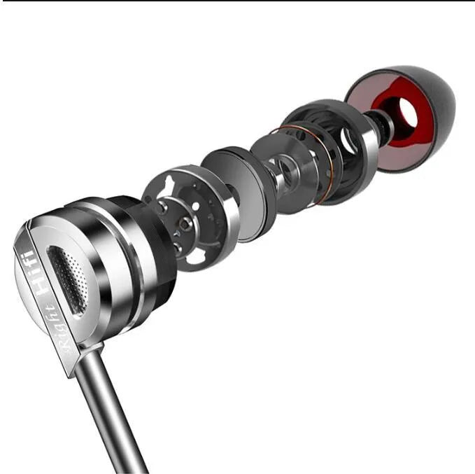 Black and silver metal in-ear headphones with inline remote and microphone on cable.