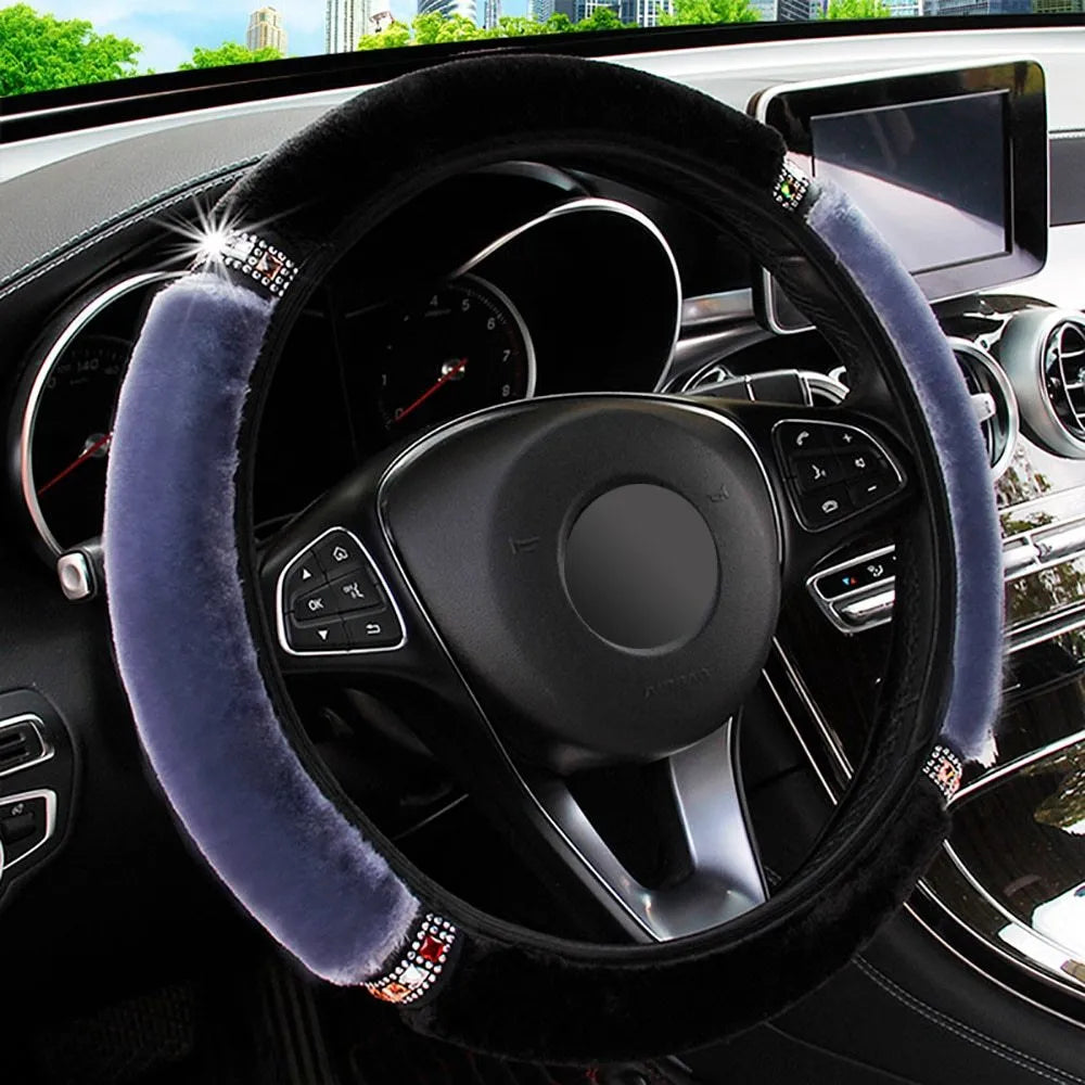 Short hair diamond plush elastic steering wheel cover in black on a car steering wheel