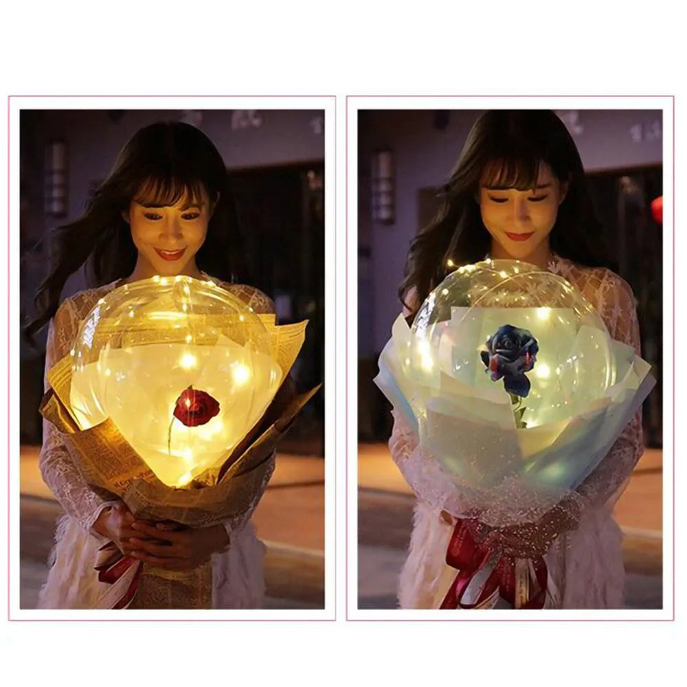 Transparent LED luminous DIY balloon rose bouquet with integrated lights for decoration.